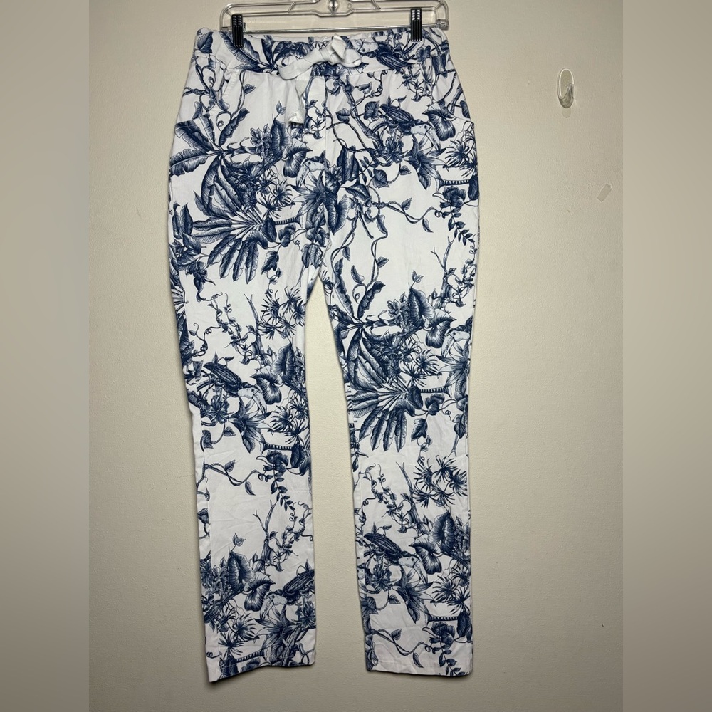 Patchington Women’s White Pants with Navy Blue Leaf and Toucan Design